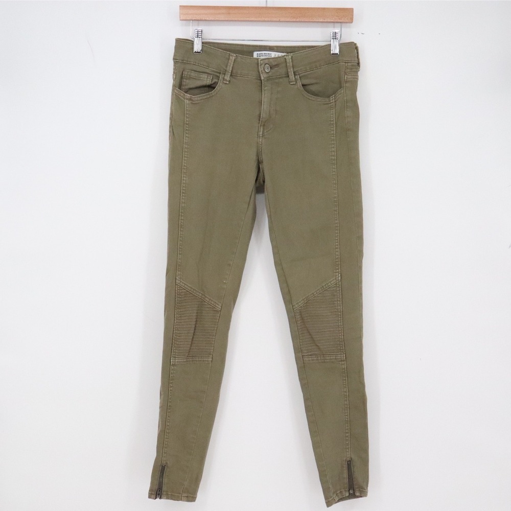 Zara Pants Womens 6 Denim Moto Skinny Olive Green Ankle Zip Excellent